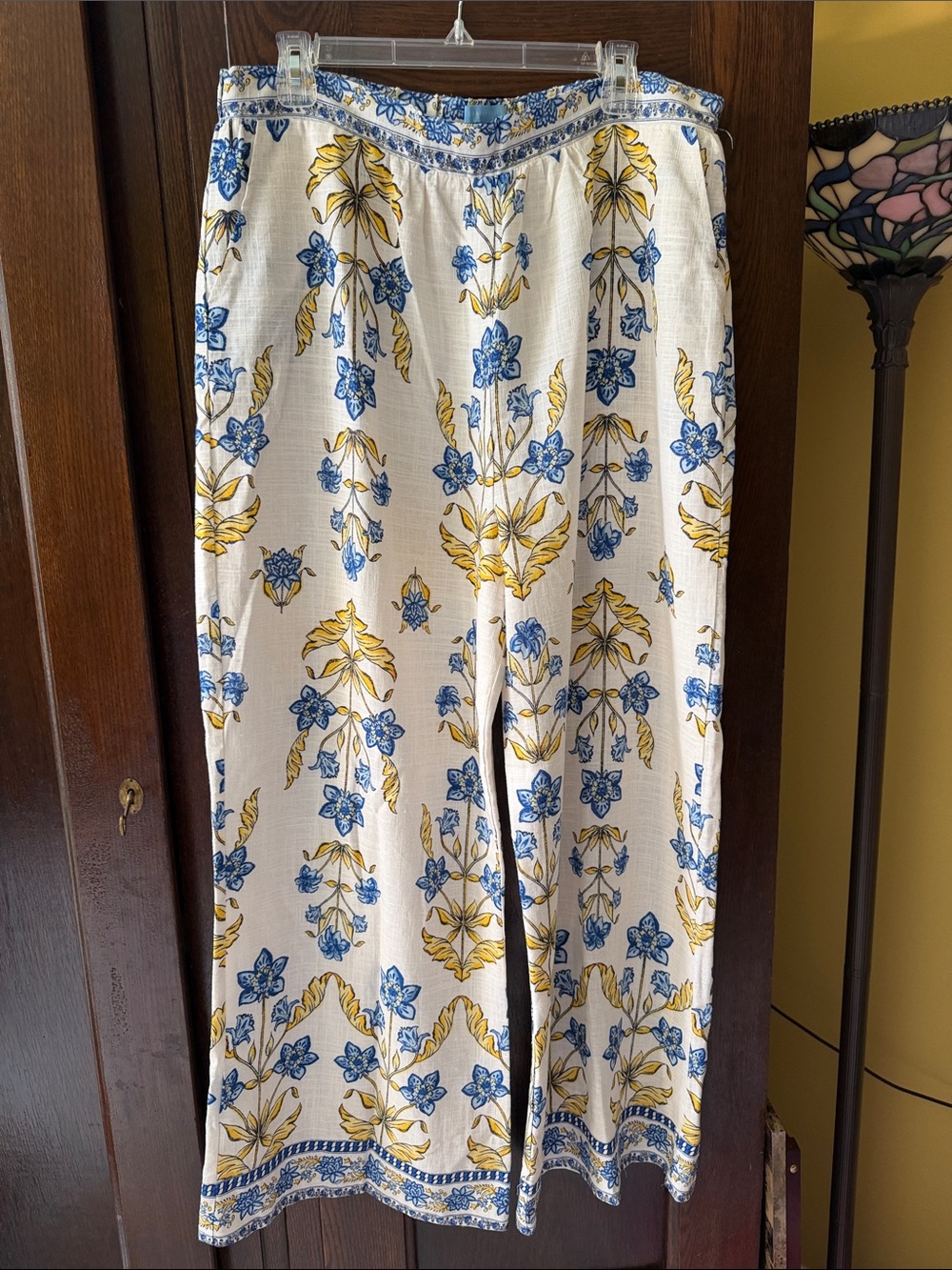 Draper James Cream Wide-Leg Highrise Linen Pants with Blue & Yellow Floral Print